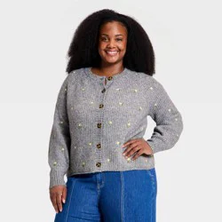 Women's Crewneck Shaker Stitch Sweater Cardigan - Ava & Viv™ Gray Floral 3X