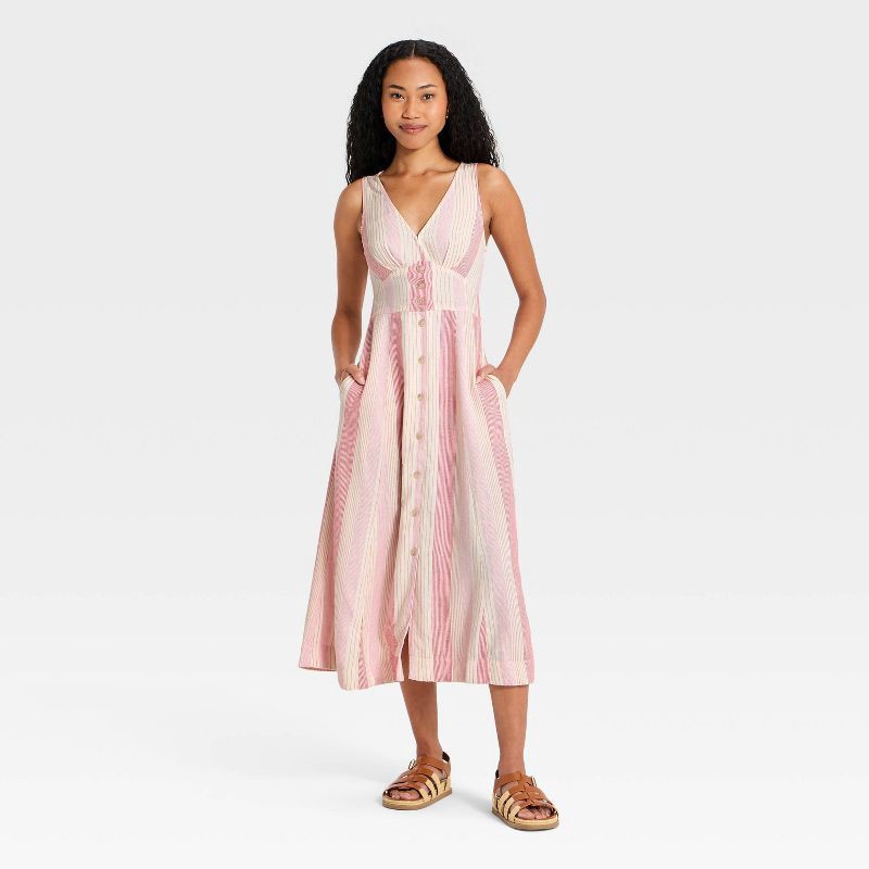 slide 1 of 3, Women's Woven Button-Front Midi Sundress - Universal Thread™ Pink Striped XL, 1 ct