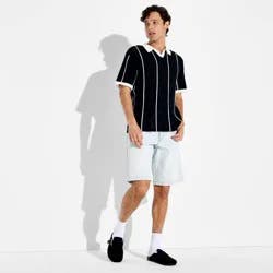 Men's Short Sleeve Striped Johnny Collar Sweater Polo - Original Use™ Black S