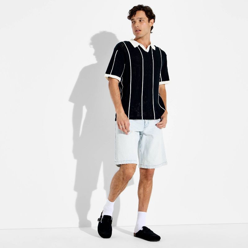 slide 1 of 3, Men's Short Sleeve Striped Johnny Collar Sweater Polo - Original Use™ Black XXL, 1 ct