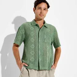 Men's Open Work Short Sleeve Collared Button-Down Shirt - Original Use™ Olive Green M