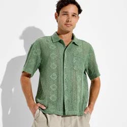 Men's Open Work Short Sleeve Collared Button-Down Shirt - Original Use™ Olive Green L