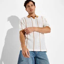 Men's Short Sleeve Striped Johnny Collar Sweater Polo - Original Use™ Cream S