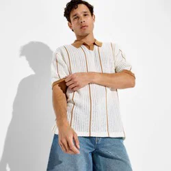 Men's Short Sleeve Striped Johnny Collar Sweater Polo - Original Use™ Cream M