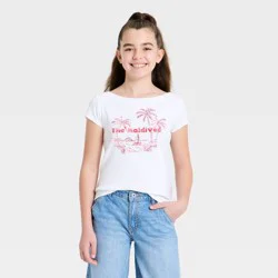 Girls' Boat Neck Short Sleeve “The Maldives” Graphic Baby T-Shirt - art class™ White S