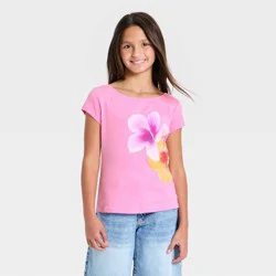 Girls' Boat Neck Short Sleeve Flower Graphic Baby T-Shirt - art class™ Pink L