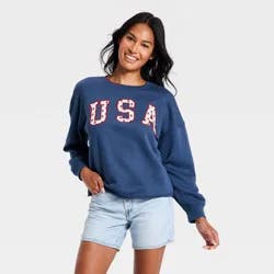 Women's Americana Pullover Sweatshirt - Universal Thread™ Navy Blue Letters L