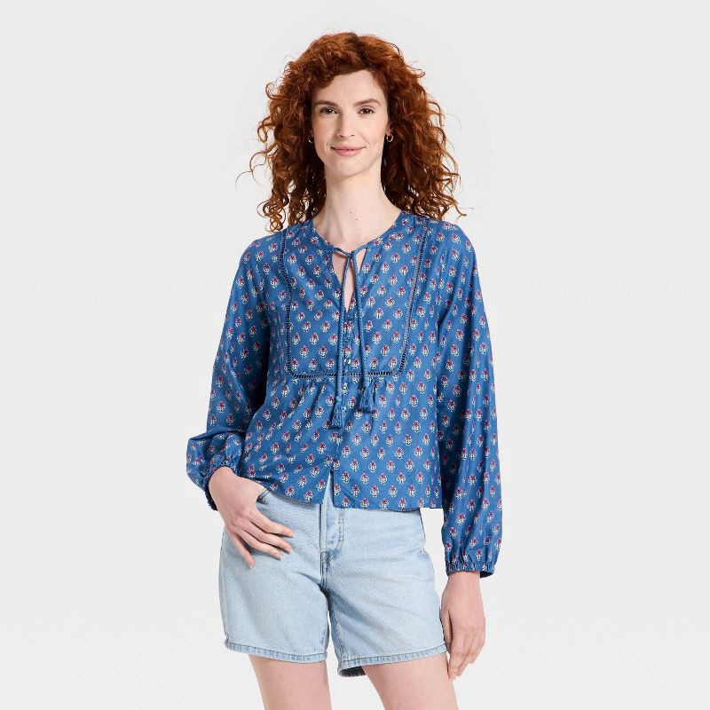 slide 1 of 3, Women's Balloon Long Sleeve Printed Blouse - Universal Thread™ Blue Floral S, 1 ct