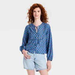 Women's Balloon Long Sleeve Printed Blouse - Universal Thread™ Blue Floral S