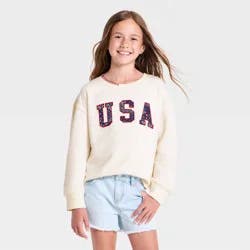 Girls' "USA" French Terry Crewneck Pullover Sweatshirt - Cat & Jack™ Cream L