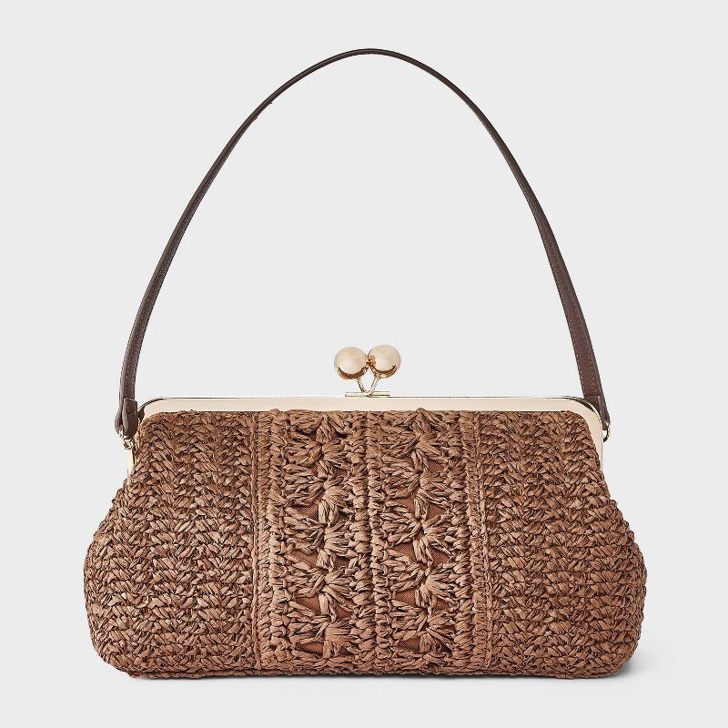 slide 1 of 5, Straw Kiss Lock Clutch Bag - A New Day™ Natural Brown, 1 ct
