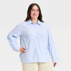 Women's Long Sleeve Button-Up Double Cuff Shirt - A New Day™ Blue Striped XXL