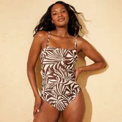 Women's Palm Print Shirred Bandeau Medium Coverage One Piece Swimsuit - Shade & Shore™ Brown XL