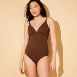 Women's Jacquard Plunge Tummy Control Medium Coverage One Piece Swimsuit - Shade & Shore™ Brown XS