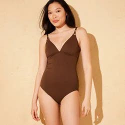 Women's Jacquard Plunge Tummy Control Medium Coverage One Piece Swimsuit - Shade & Shore™ Brown XS