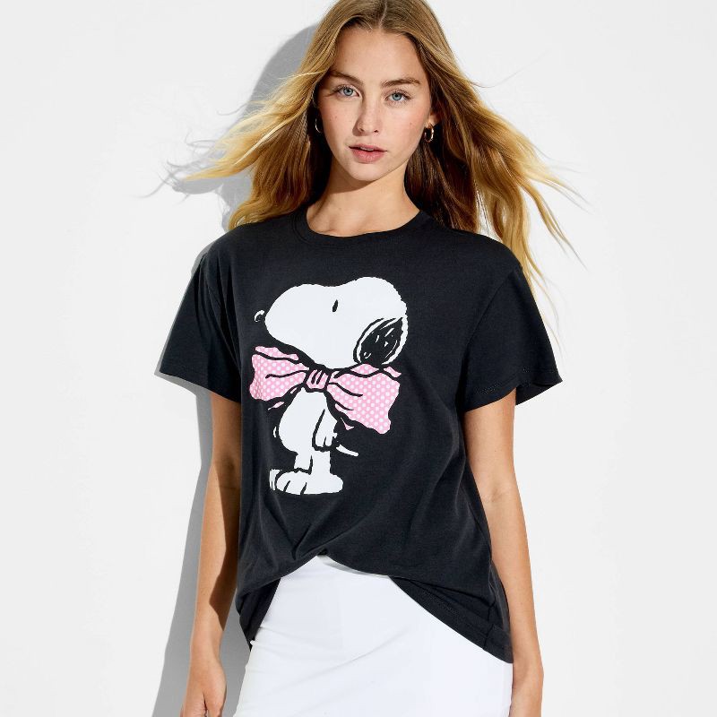 slide 1 of 3, Peanuts Women's Snoopy Bow Short Sleeve Graphic T-Shirt - Black XL, 1 ct