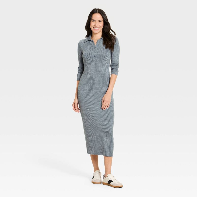 slide 3 of 3, Women's Long Sleeve Polo Maxi Bodycon Dress - Universal Thread™ Light Gray S, 1 ct