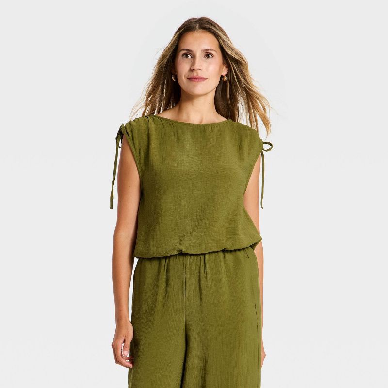 slide 1 of 3, Women's Modern Gauze Side-Tie Top - A New Day™ Olive Green L, 1 ct