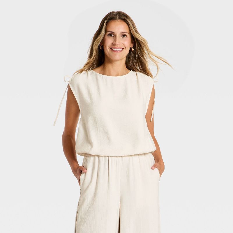 slide 1 of 3, Women's Modern Gauze Side-Tie Top - A New Day™ Cream M, 1 ct
