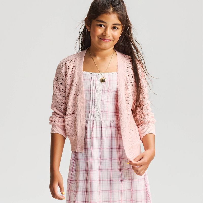 slide 1 of 4, Girls' Pointelle Open Cardigan - Cat & Jack™ Pink XS, 1 ct
