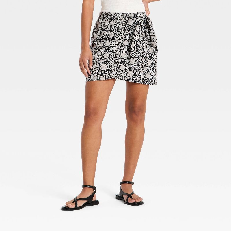 slide 1 of 3, Women's Printed Midi Wrap Skirt - Universal Thread™ Black Floral M, 1 ct