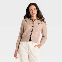 Women's Long Sleeve Crafted Crewneck Cardigan - Universal Thread™ Beige S