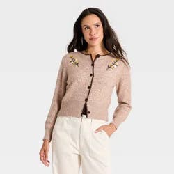 Women's Long Sleeve Crafted Crewneck Cardigan - Universal Thread™ Beige S
