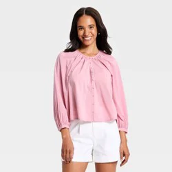 Women's Button-Front V-Neck Woven Top - A New Day™ Pink L