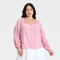 Women's Button-Front V-Neck Woven Top - A New Day™ Pink XXL