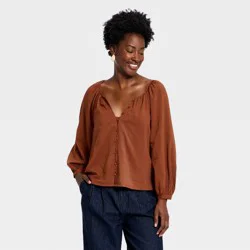 Women's Button-Front V-Neck Woven Top - A New Day™ Brown S