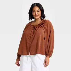 Women's Button-Front V-Neck Woven Top - A New Day™ Brown XXL