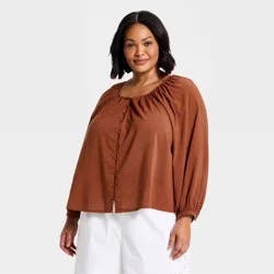 Women's Button-Front V-Neck Woven Top - A New Day™ Brown XXL