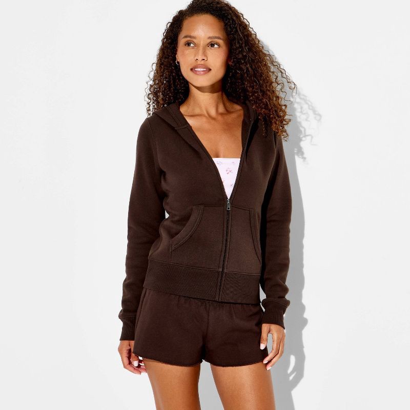 slide 1 of 3, Women's Long Sleeve Zip-Up Hooded Sweatshirt - Wild Fable™ Brown L, 1 ct