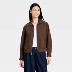Women's Mock-Neck Full Zip Bomber Jacket - A New Day™ Brown Dot XS