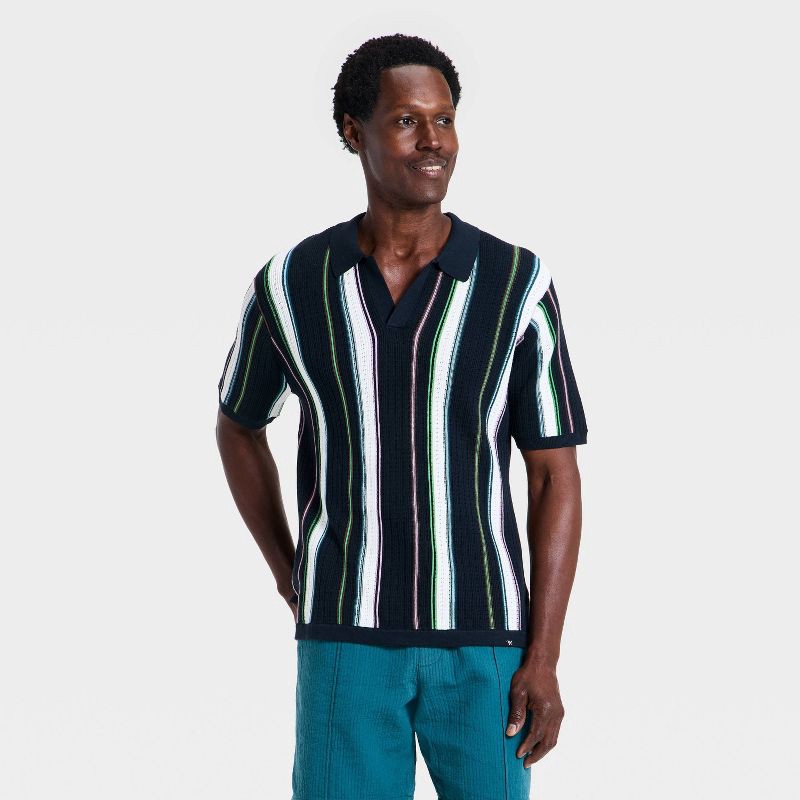 slide 1 of 3, Houston White Men's Striped Pointelle Ribbed Stitch Short Sleeve Sweater - Black M, 1 ct