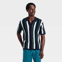 Houston White Men's Striped Pointelle Ribbed Stitch Short Sleeve Sweater - Black M