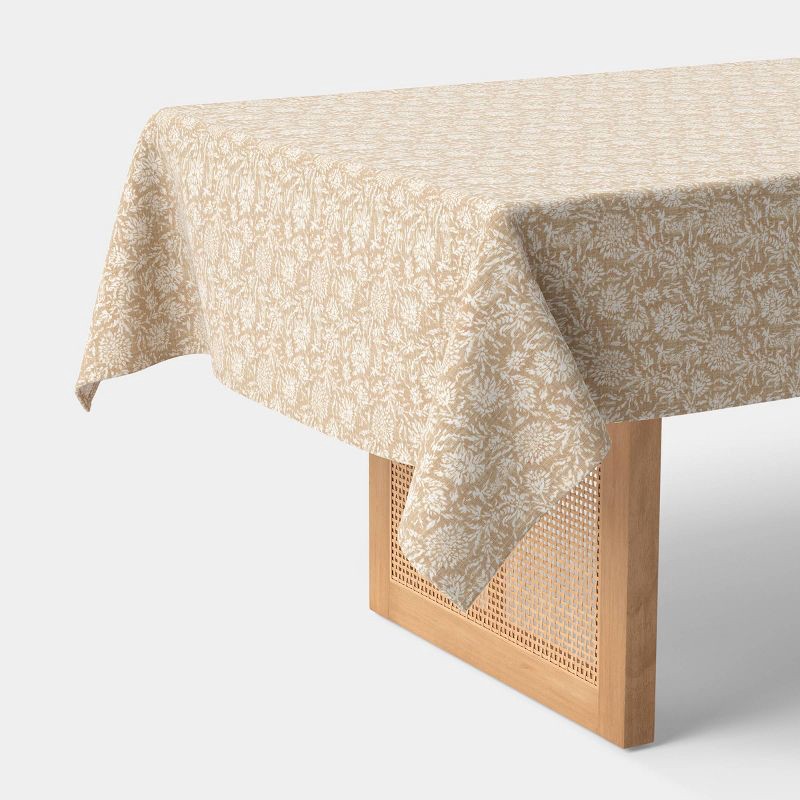 slide 1 of 4, 60x84" Cotton Reese Floral Tablecloth Tan - Threshold™, 60 in x 84 in