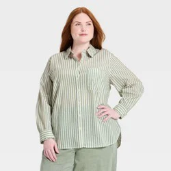 Women's Long Sleeve Relaxed Fit Collared Button-Down Shirt - Universal Thread™ Green Striped XXL