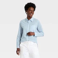 Women's Long Sleeve Relaxed Fit Collared Button-Down Shirt - Universal Thread™ Blue Striped XL