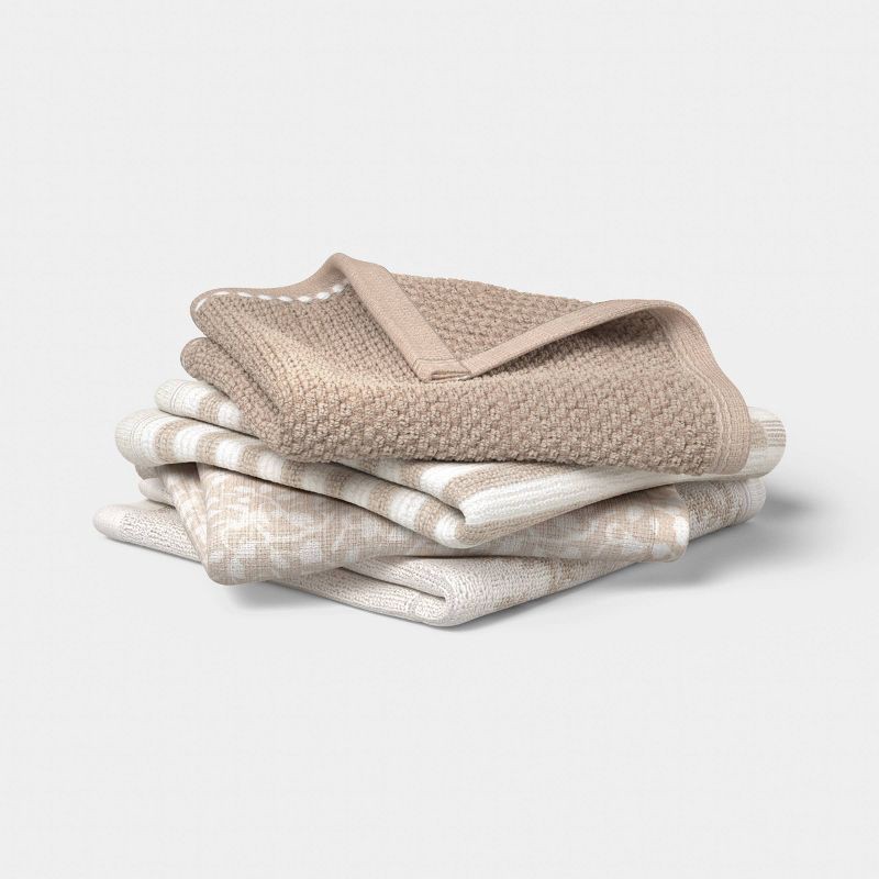 slide 1 of 3, 4pk Assorted Patterns Cotton Dishcloths Neutral - Threshold, 4 ct