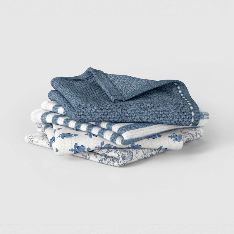 slide 1 of 3, 4pk Assorted Patterns Cotton Dishcloths Blue - Threshold, 4 ct