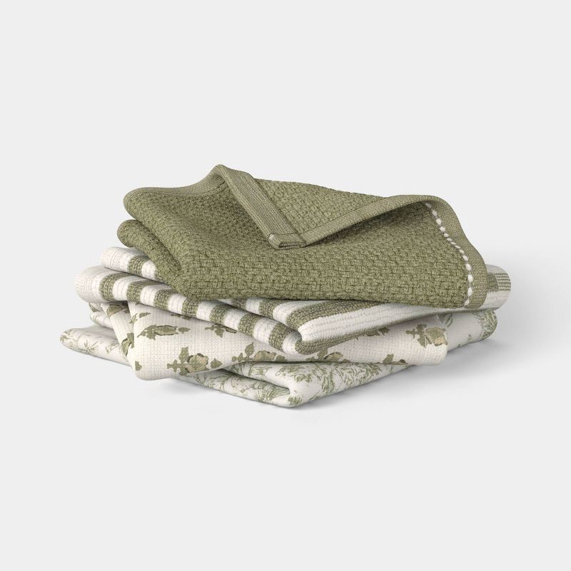 slide 1 of 3, 4pk Assorted Patterns Cotton Dishcloths Green - Threshold, 4 ct