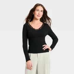 Women's Lace Trim V-Neck Ribbed Top - A New Day™ Black M