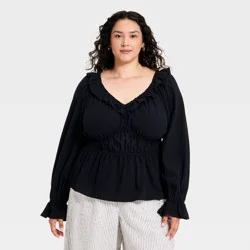 Women's Plus Balloon Long Sleeve V-Neck Frill Woven Top - Ava & Viv™ Black XXL