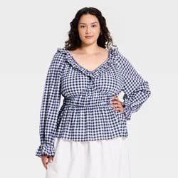 Women's Plus Balloon Long Sleeve V-Neck Frill Woven Top - Ava & Viv™ Navy Blue Gingham XXL