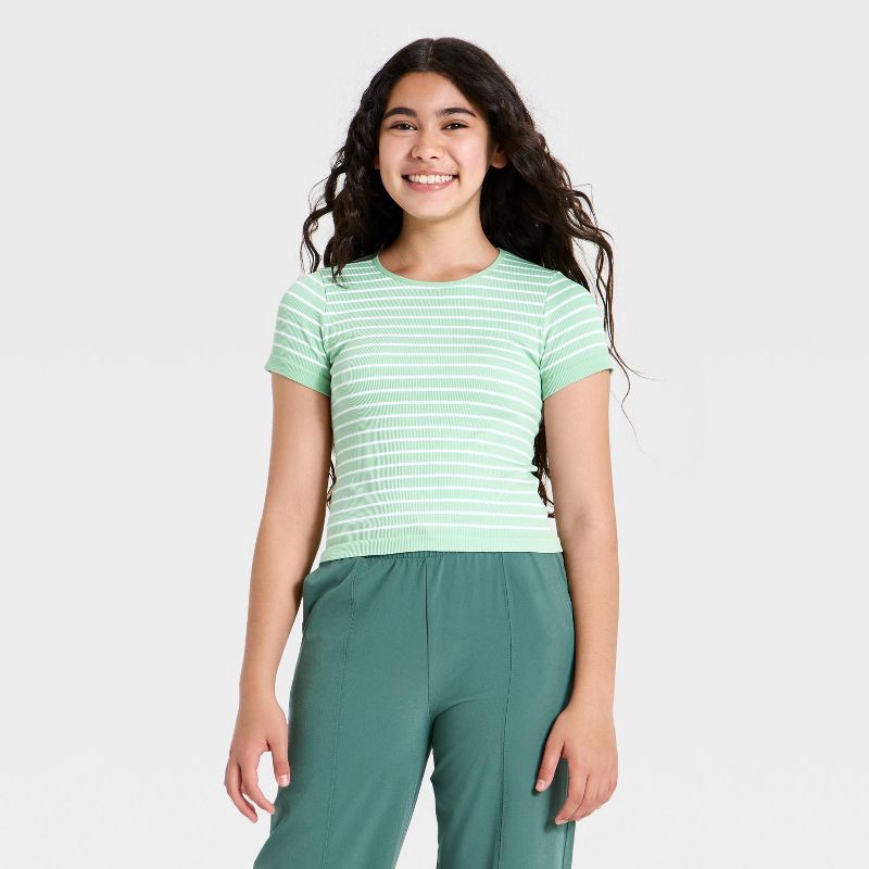 slide 1 of 3, Girls' Short Sleeve Seamless Crop T-Shirt - All In Motion™ Sage Green Stripe S, 1 ct