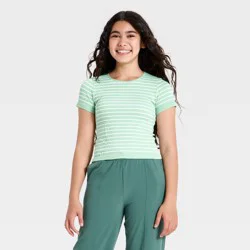 Girls' Short Sleeve Seamless Crop T-Shirt - All In Motion™ Sage Green Stripe M