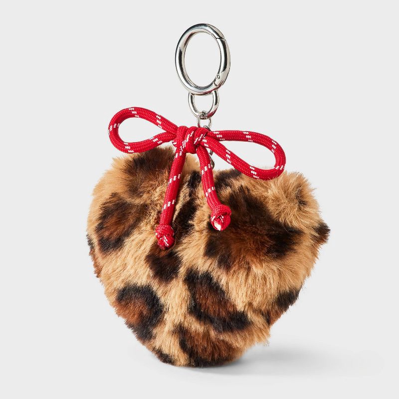 slide 1 of 2, Faux Fur Leopard Print Heart & Cord Bow Bag Charm - Wild Fable™ Multi, 1 ct