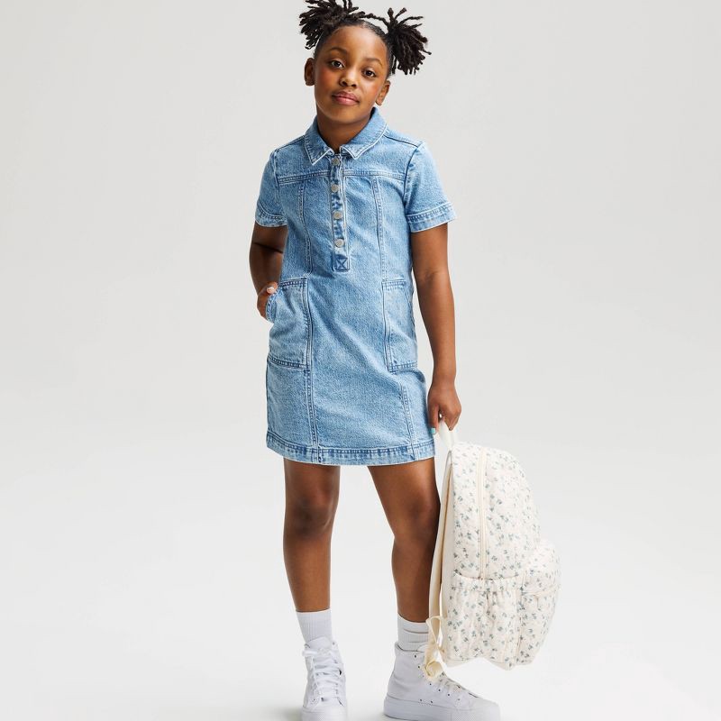 slide 1 of 4, Girls' Short Sleeve Denim Dress - Cat & Jack™ Medium Wash M, 1 ct