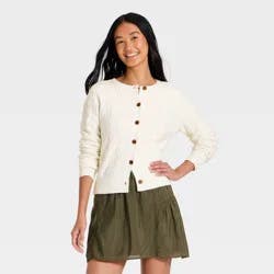 Women's Heritage Cable Crewneck Cardigan - Universal Thread™ Cream M